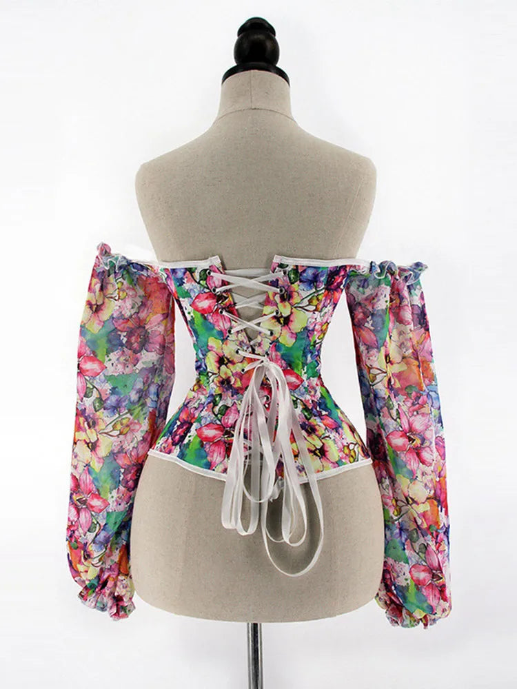 Sexy Off Shoulder Women Tops And Blouse Fashion Puff Sleeve Bodycon Crop Top Casul Holiday Beach Floral Blouses Shirt