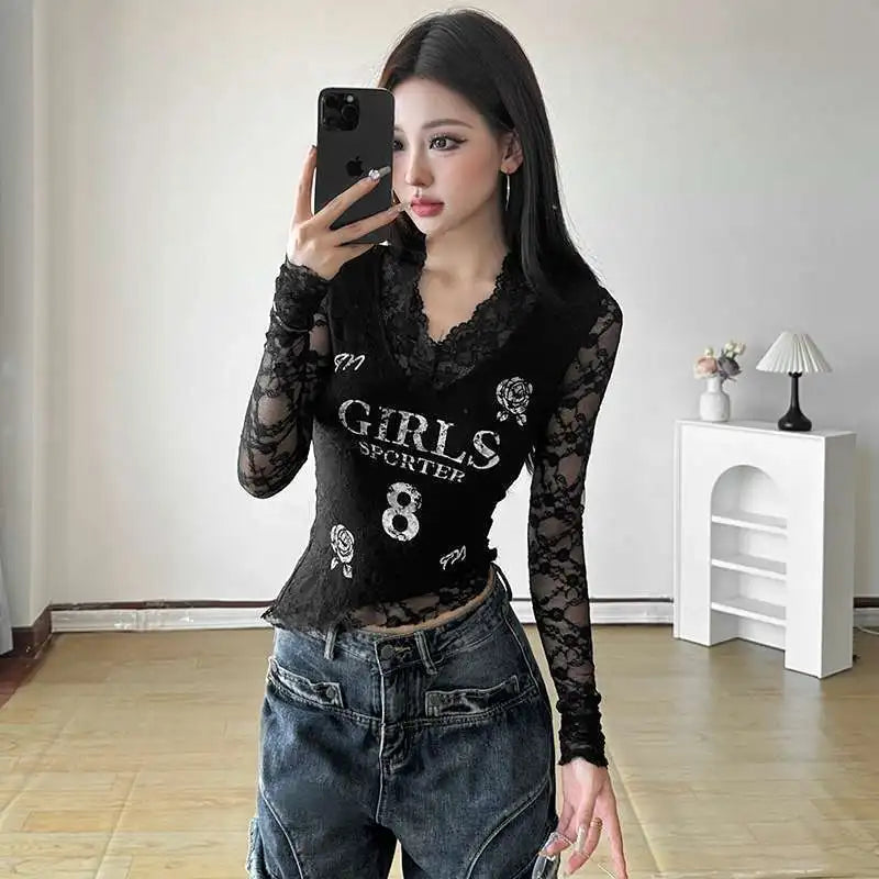 Trendy Sweet Hot Girl Lace Spliced hollow Perspective Design V-neck T-shirt Women's Letter Printing Slim Fit and Irregular Top