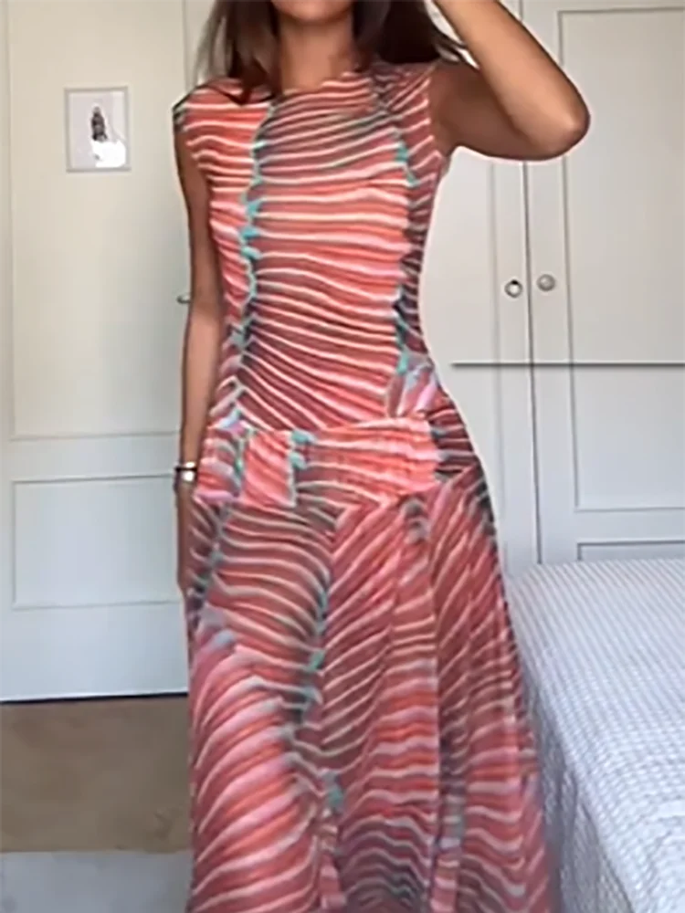 New 2025 Summer Women's Sexy Slim Sleeveless Striped Skirt Set Female Beach Style Clothing Woman Fashion Tank Top & Skirts Sets