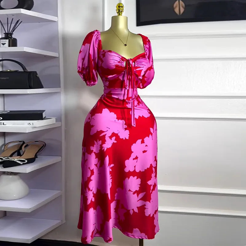 CM.YAYA Women Floral Printed Lantern Half Sleeve Tie Up Long Maxi Dress 2025 Birthday Evening Sexy club Party Dresses Vestidos