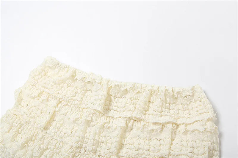 Two Piece Women Crop Top And Mini Skirt Matching Set 2024 New Summer Fashion Sexy White Lace Ruffle Ruched Skirts Outfits