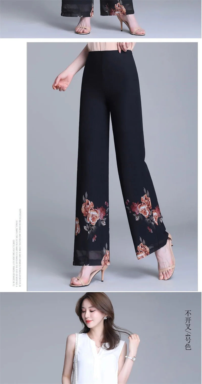 Double Layer Printed Chiffon Wide Leg Pants For Women's Summer New High Waisted Loose Dance Swing Pants Drooping Skirt Pants LA