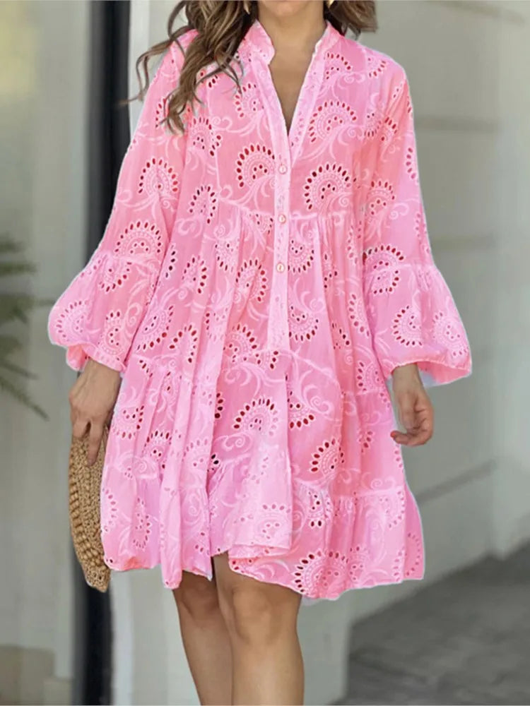 Summer Women Hollow Out Dresses Elegant Vintage Solid Lace V-neck Loose Embroidery Long Sleeve Mini Dresses