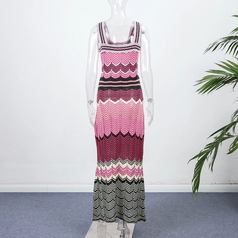 Patchwork Contrast Knitted Women' Dresses Square Collar Backless Sleeveless Bohemian Long Dress Female Summer Lady Beach Robes