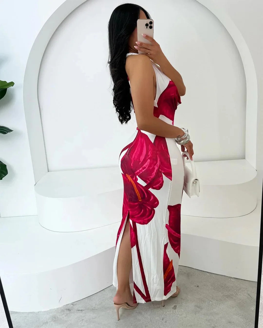 CM.YAYA Women Sleeveless floral Print pile neck backless bodycon midi maxi Dress Summer Evening Sexy Party long Dresses Vestidos