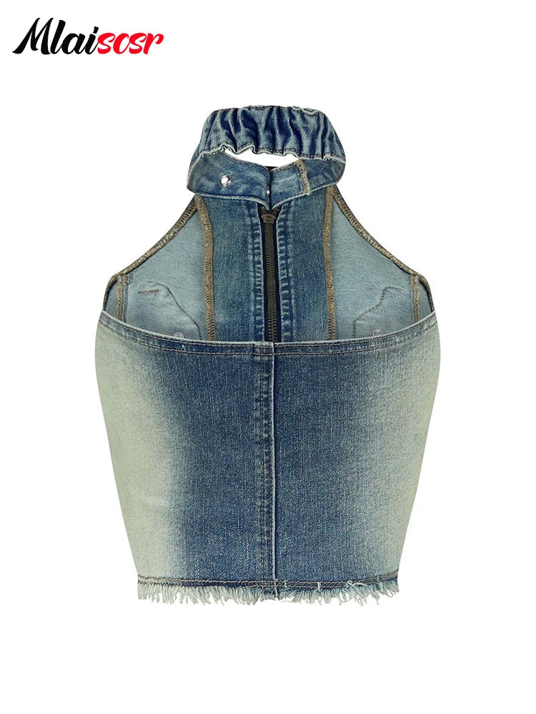Mlaiscsr Sexy Sleeveless Backless Zipper Tops and Shorts Blue Denim Two 2 Piece Sets Women Summer Beach Party Night Outfits 2025