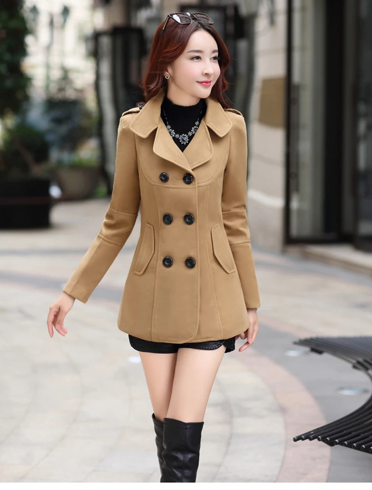 Autumn Winter Women Double Breasted Woolen Coat Solid Color Lapel Slim Fit Short Ladies Wool Jacket S-3XL