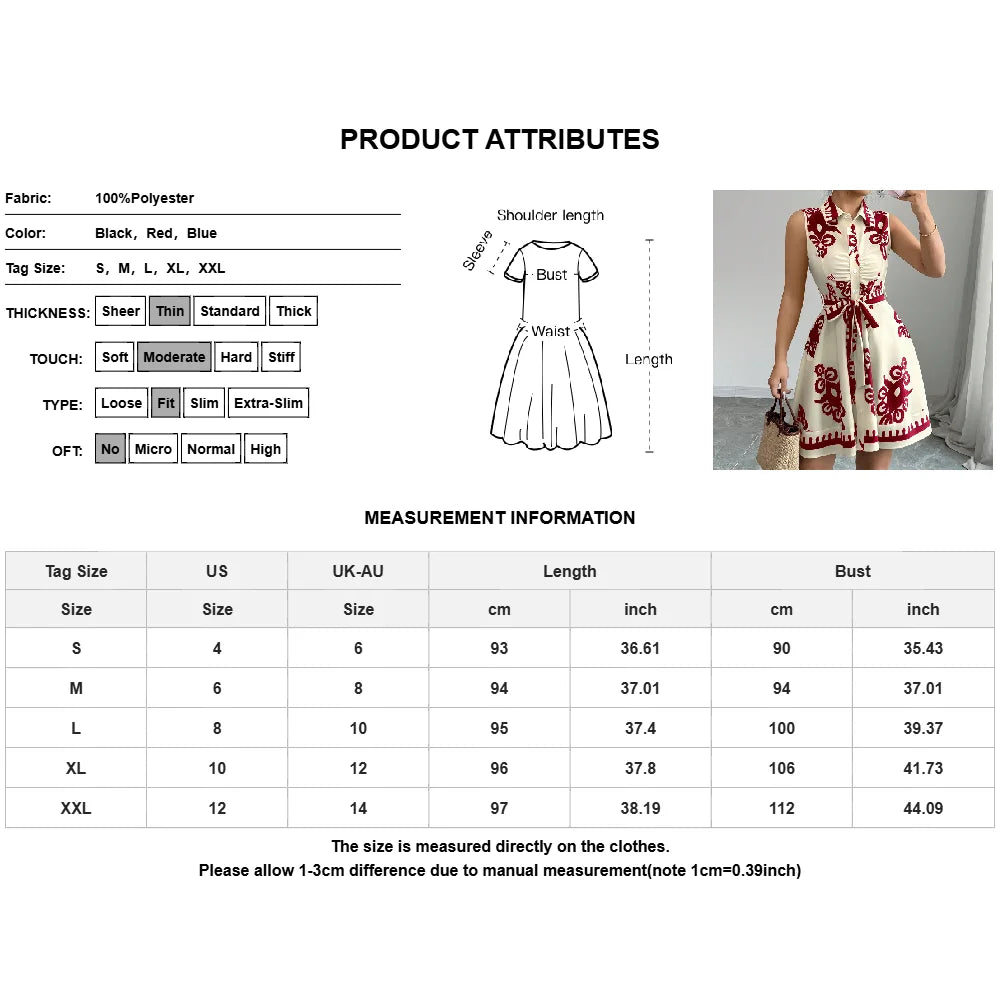 Plus Size Womens Printed Sleeveless Buttons A-Line Shirts Dress Summer Ladies Turn Down Collar Casual Holiday Sundress SizeS-2XL