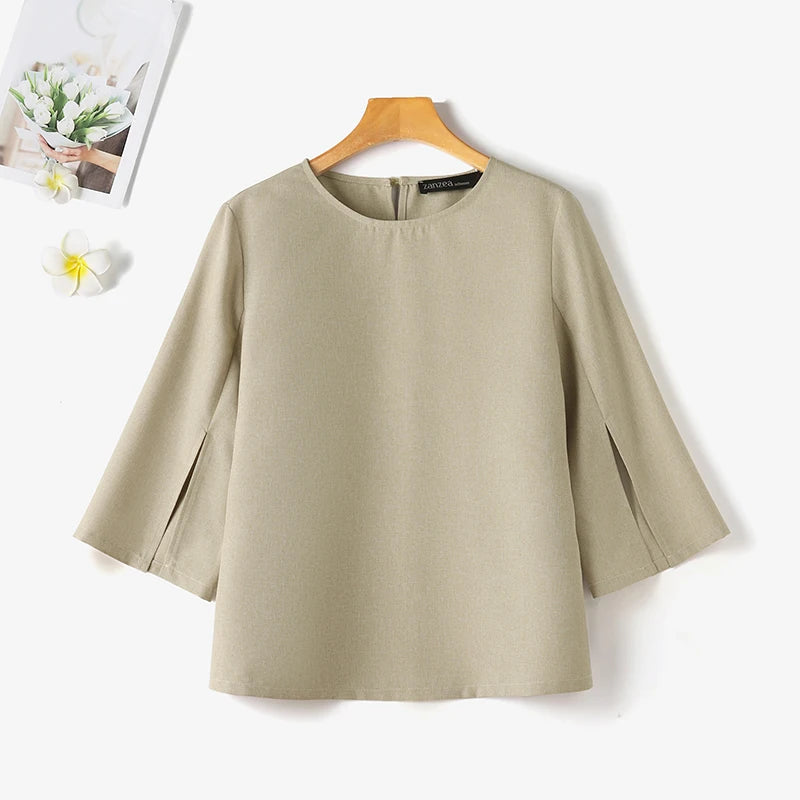 ZANZEA Fashion 3/4 Sleeve Crewneck Blusas Women Solid Blouse Casual Loose Split Cuff Tops 2024 Summer Korean Holiday Tunics