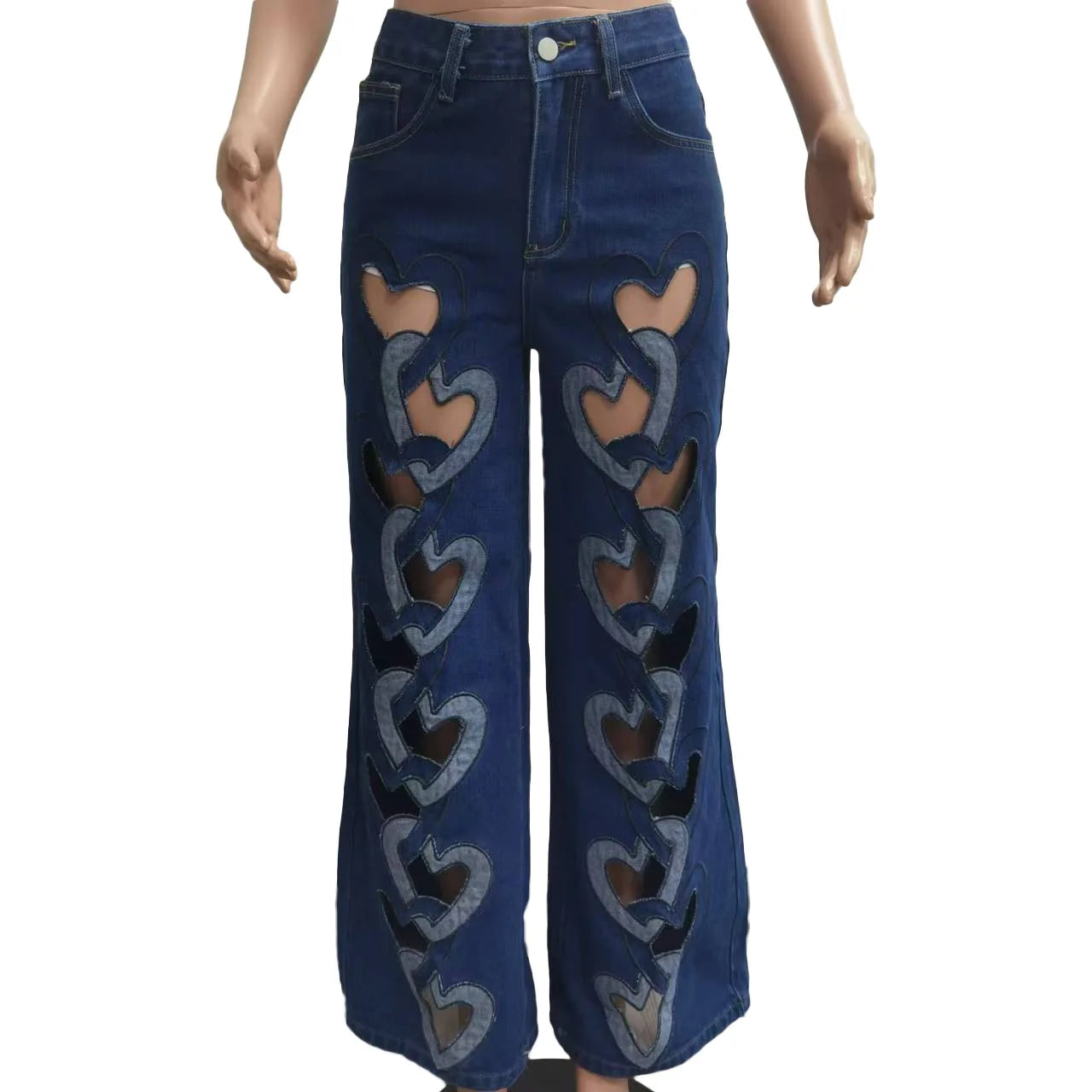 CM.YAYA Women Vintage Cutout Love Hollow Out Cross Straight Denim Pants 2025 Fall Fashion INS High Waist Wide Leg Jeans Trousers