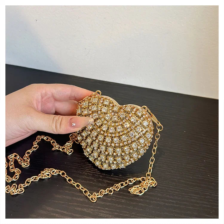 Luxury Mini Diamond Inlay Heart Shape Crystal Clutch Purse Stones Evening Wedding Party Shoulder Bag Handle Rhinestone Handbags