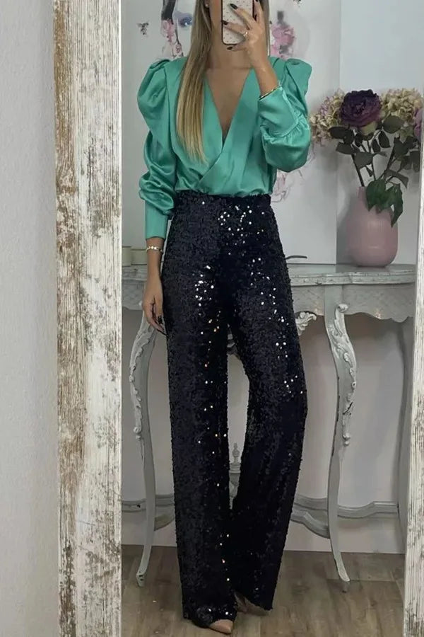 Spring Solid Color Commute Satin Shirt Pullover Fashion V-Neck Puff Long Sleeve Blouses Female Temperament Pleated Ruffled Tops