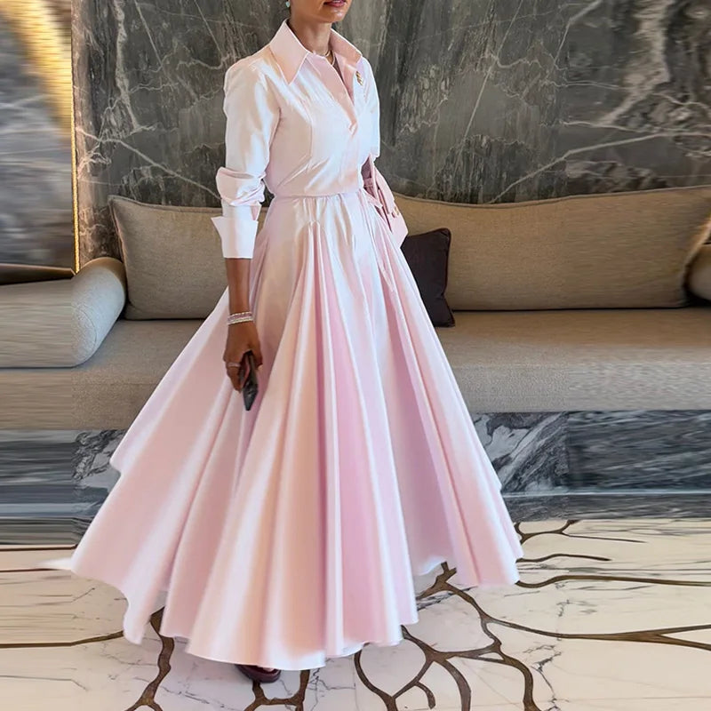 Solid Women's Casual Pleated Long Dress Fashion Lapel Full Sleeve Button Maxi Dress Lady 2025 Early Autumn Chic Street Robes