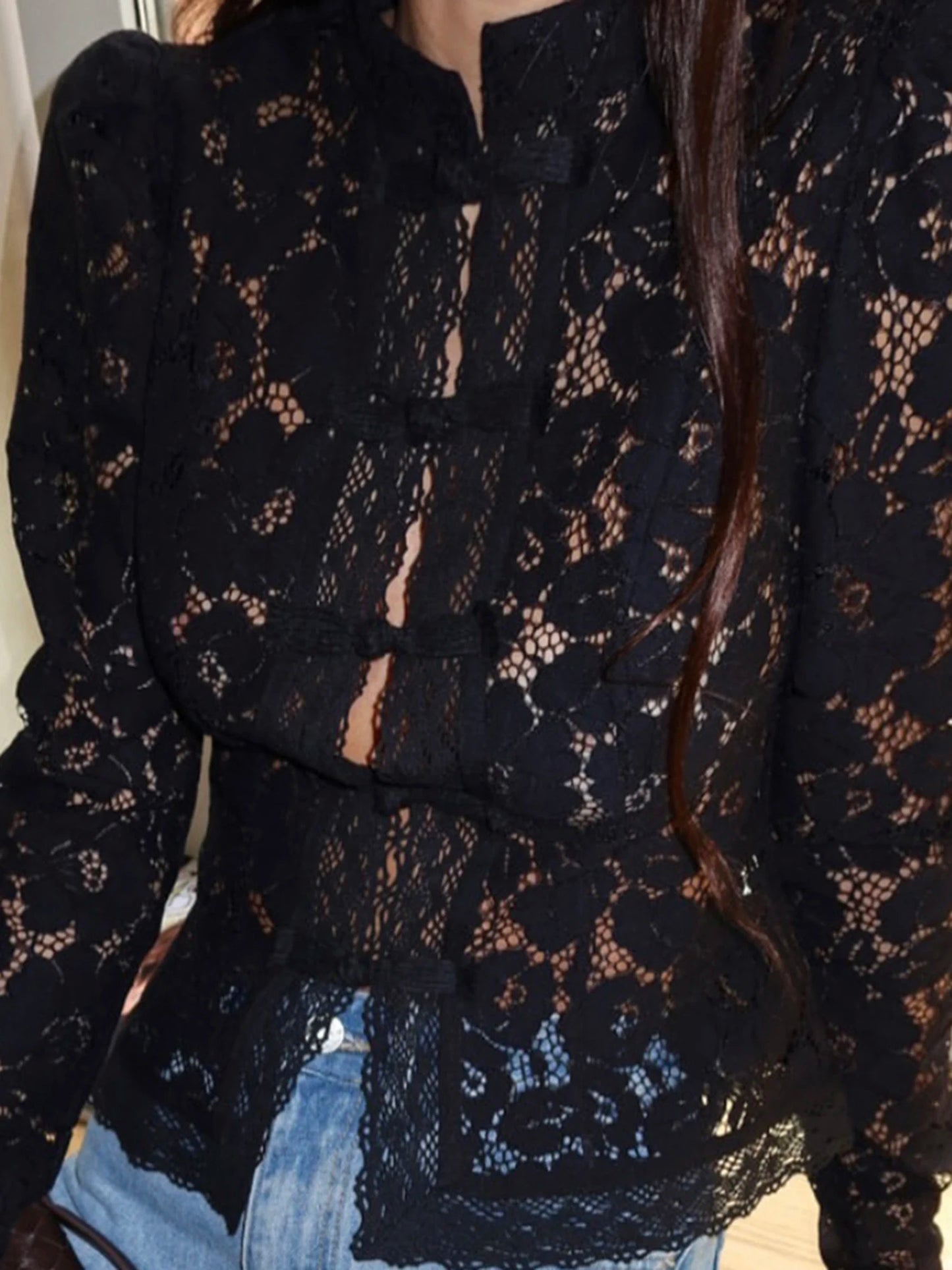Women s Floral Lace Blouse Long Sleeve Button-up Fit Elegant Spring Sheer Top for Work or Date Night