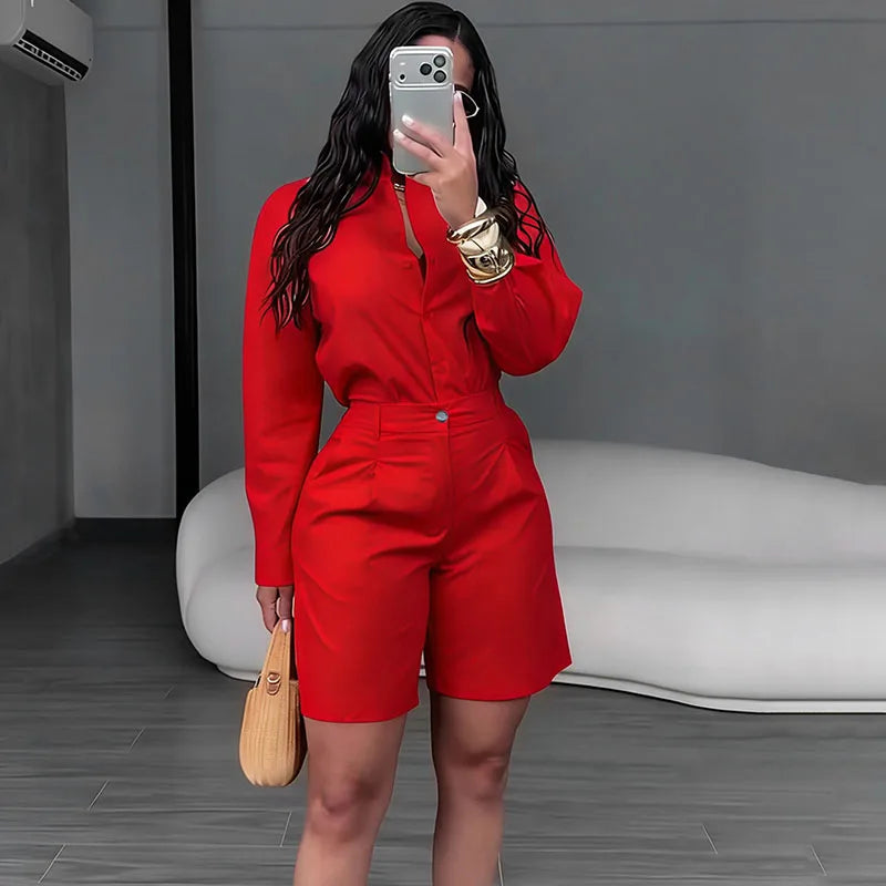Solid Elegant Casual Long Sleeve Top and Shorts Two Piece Set for Women