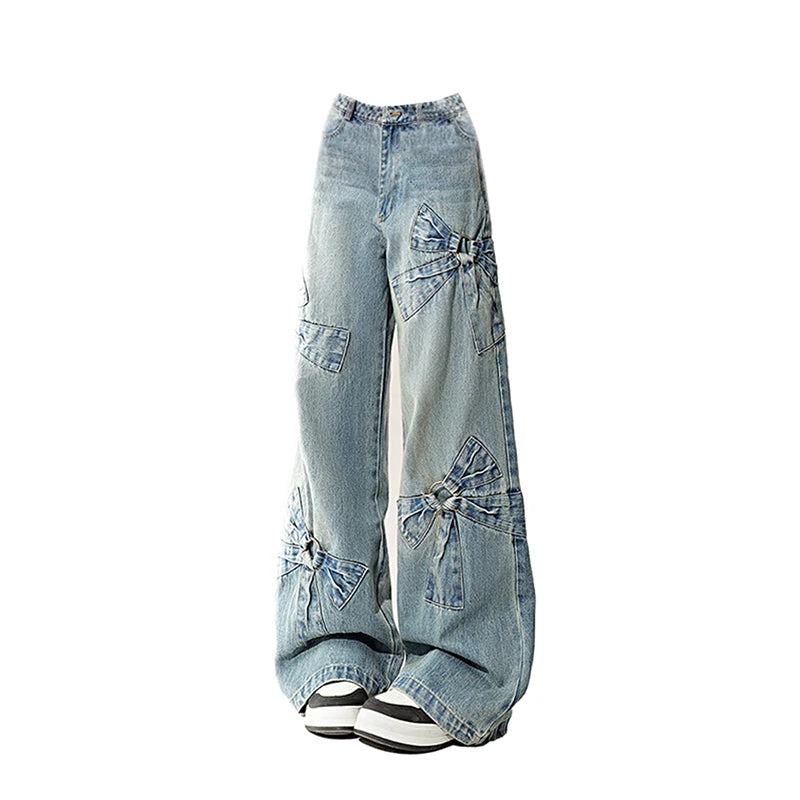 Women Blue Bow Jeans Harajuku Y2k Japanese 2000s Style Aesthetic Baggy Denim Trousers Oversize Jean Pants Vintage Trashy Clothes