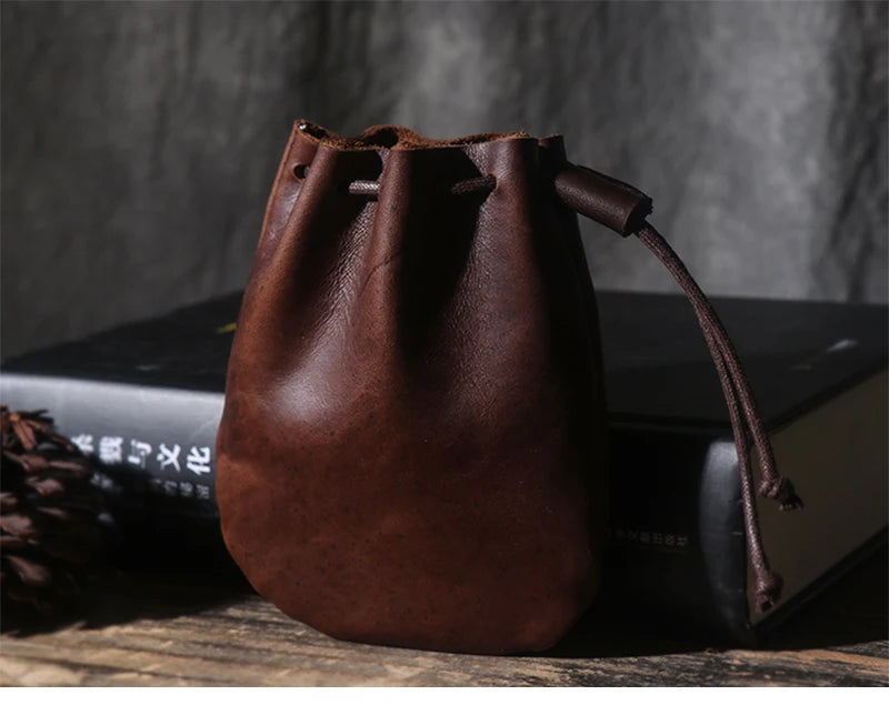 LUOKIR Men's Genuine Leather Coin Purse Simple Vintage Small Card Bag Women's Cowhide Wallet Keys Money Drawstring Storage Bags