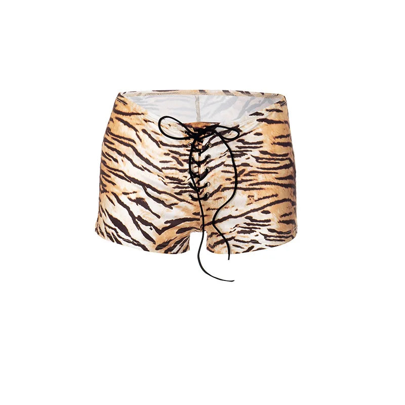 Joskaa Tiger Stripe Print Shorts Women Hipster Sexy Low Rise Bandage Hot Pants 2025 Summer Holiday Party Club Bottoms Streetwear
