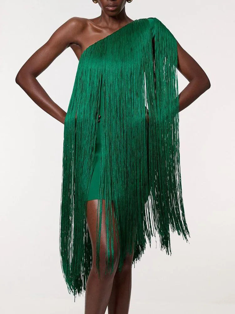 Asymmetric Off Shoulder Slim Tassel Dress Summer Simple Solid Sleeveless Evening Dress Women's Fashion Slanted Neck A-line Dress