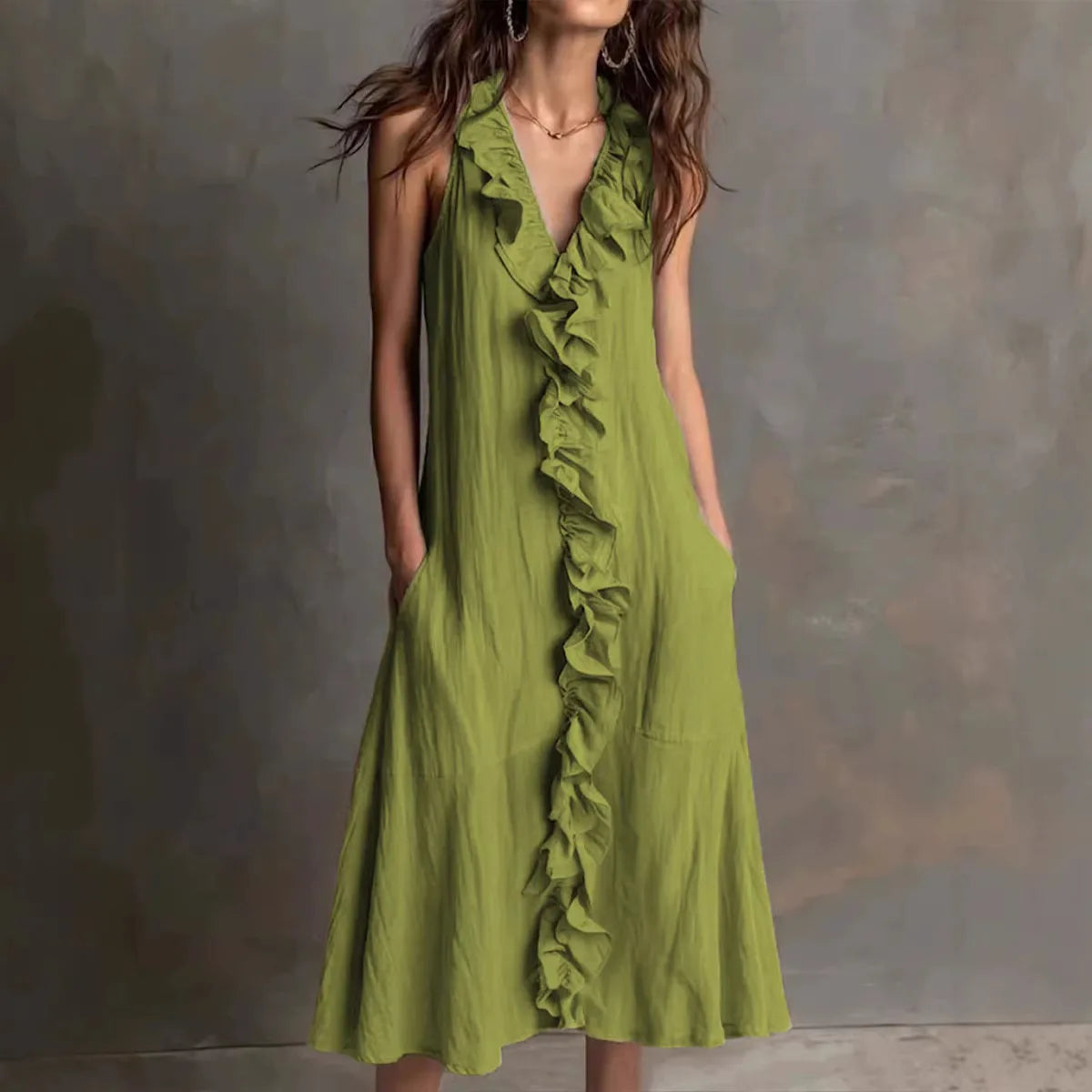 Solid Color Ruffle Trim V Neck Sleeveless Midi Dress with Pocket for Women