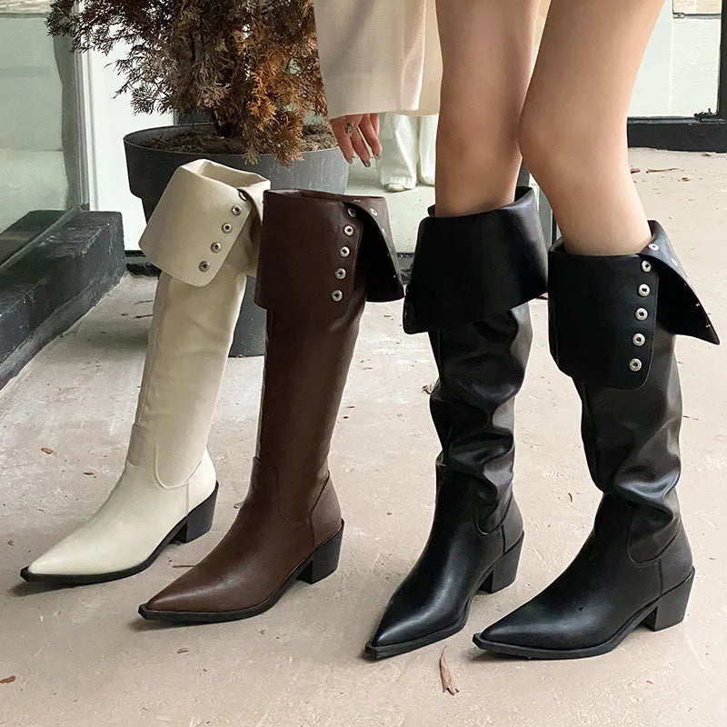 Modern Ladies Knee High Boots With Heels Shoes Female Slip On Footwear Fashion Pointed Toe Women Long Boots Pumps Shoes lady