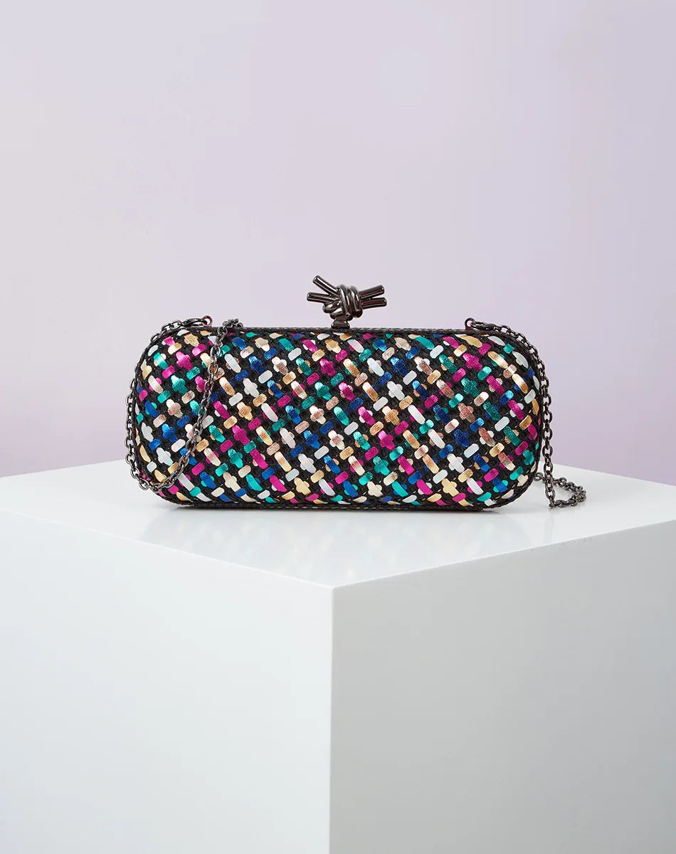 Gold Evening Clutch Bag for Women Leather and Bright Line Woven Purse Elegant Ladies Metal Knot Party Handbag Bolsas Femininas