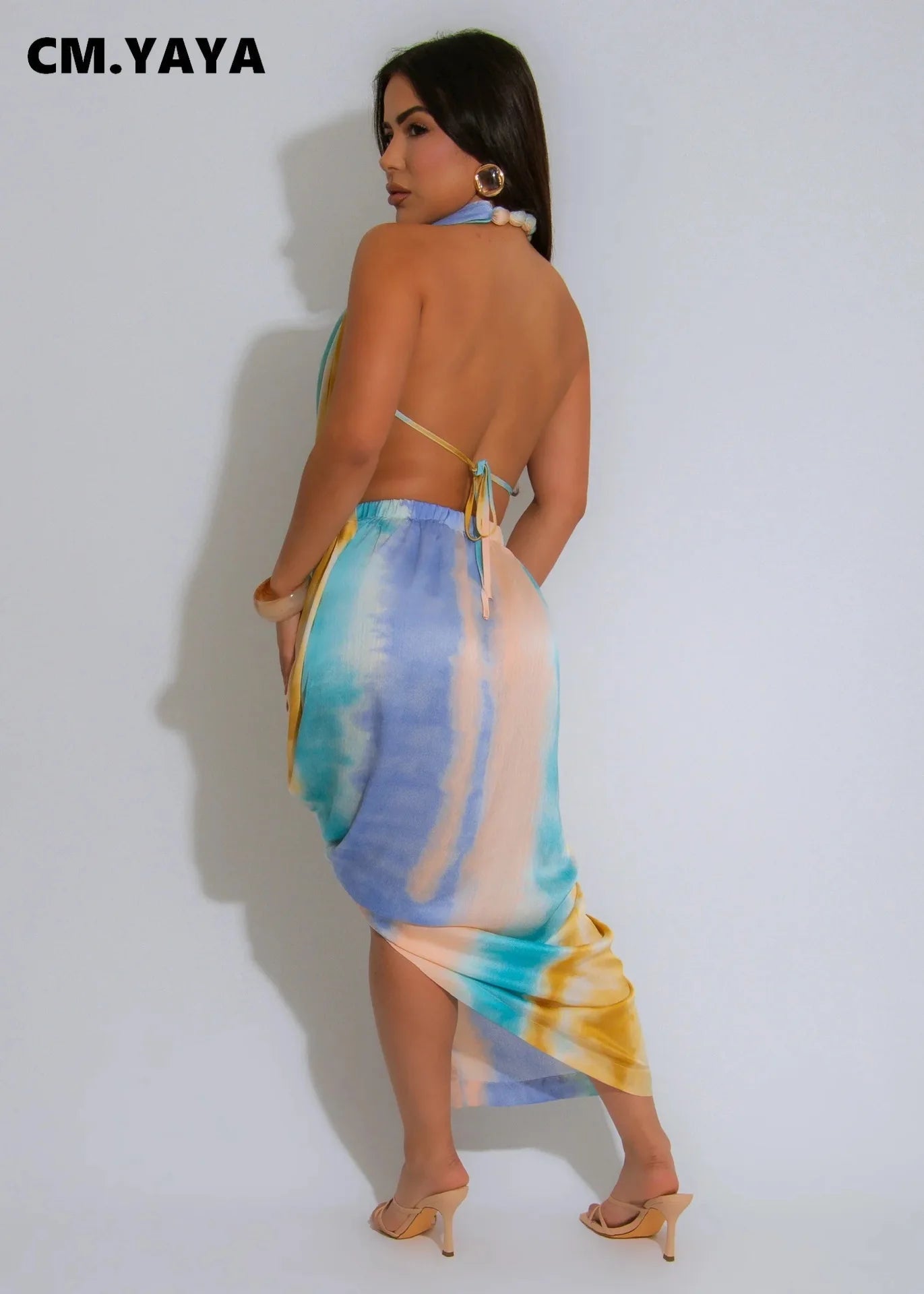 CM.YAYA Women Tie Dye Printed Sleeveless Halter Neck High Side Split Maxi Dress Summer Evening Sexy Night Party Dresses Vestidos