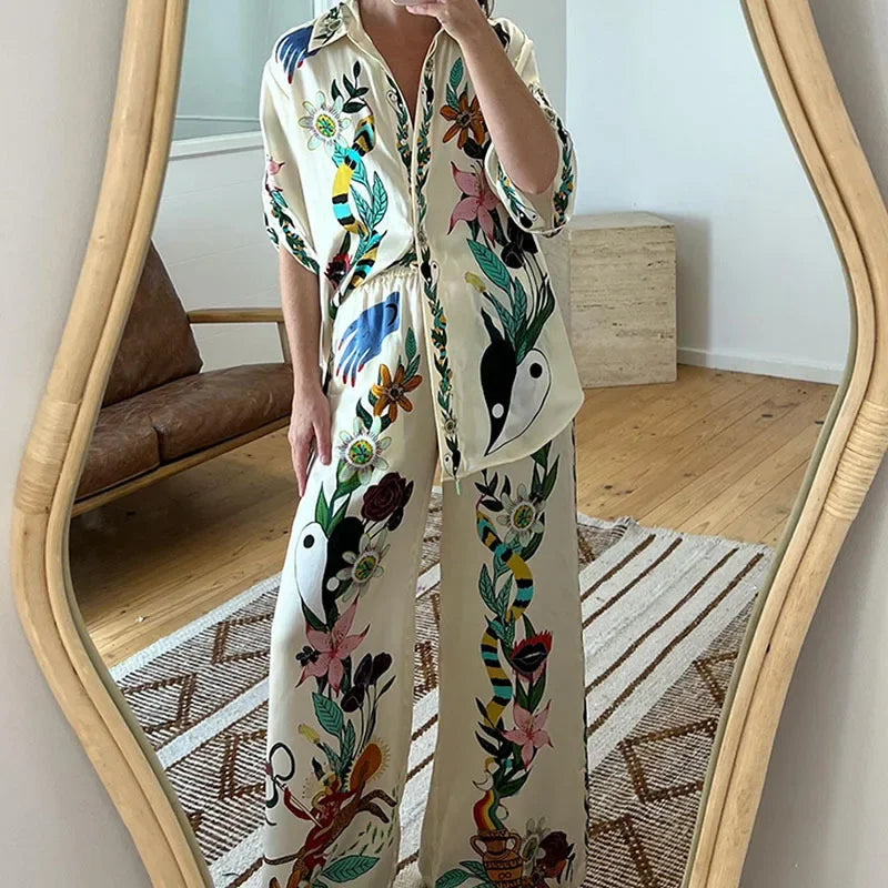 Long Sleeve Long Pant Sets Women Retro Lapel Single Breasted Blouses Trousers 2 Piece Set Printed Color-blocking Elastic Waist