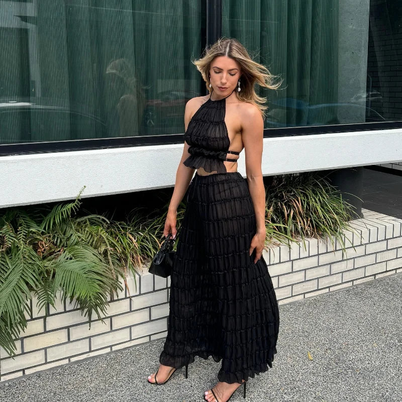 Chic Ruffle Long Skirt 2-piece Set Women Fashion Slim Fit Backless Sleeveless Elastic Halter Vest Suits 2025 Summer Y2k Outfits
