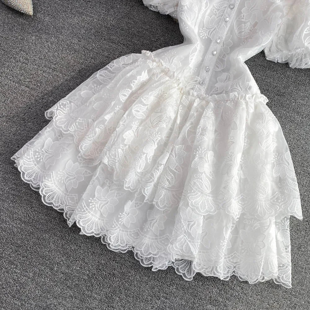 Vintage Elegant Lapel Single-Breasted White Embroidery Puff Sleeve A- Line Cake Dress Cross-Border Summer 2022