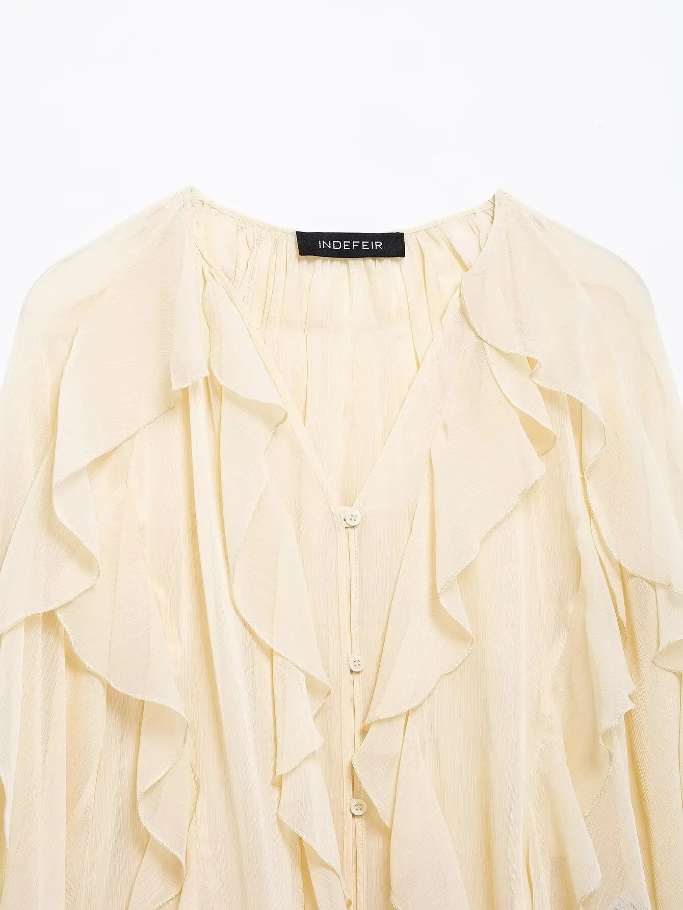 TRAFZA 2025 Women Elegant Solid Ruffles Blouse Spring Female V-Neck Long Sleeved Gauze Shirt Casual Hollow Out Lady Clothes