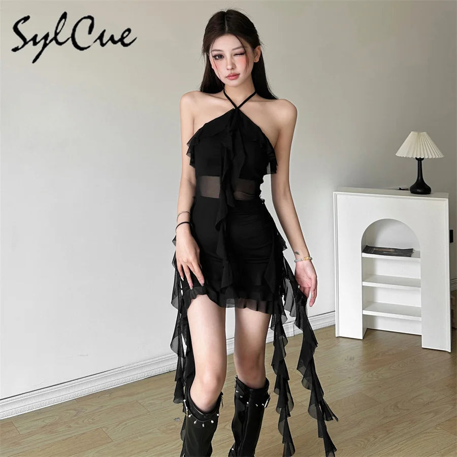 Sylcue 2024 Spring New Sweet Gentle Sexy Mature Beautiful Elegant Party Queen Women'S Short Neck Ruffled Tassel Dress