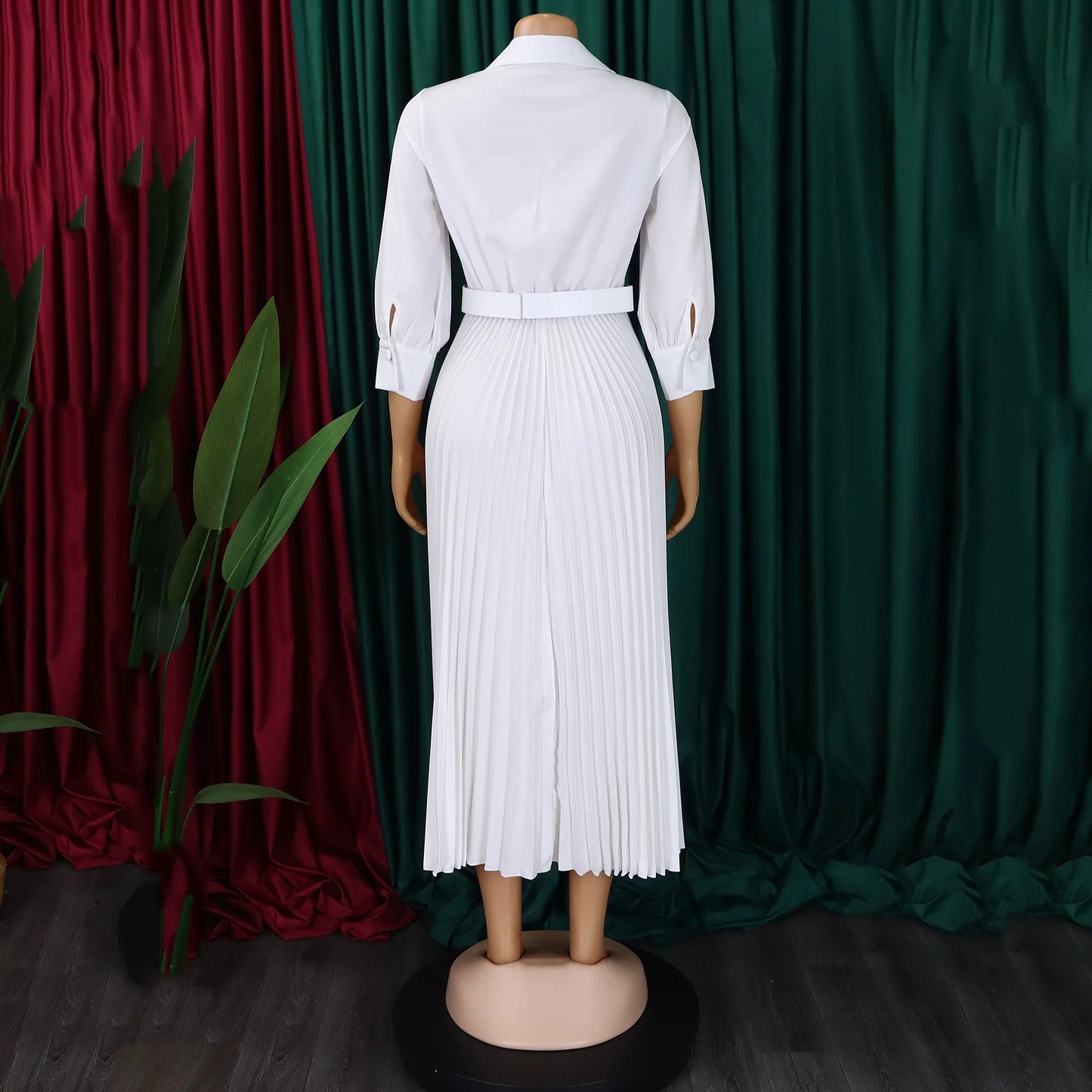 Elegant Office Dresses for Women Pleated Deep V Neck Full Sleeve Belt Waisted Ankle Length African Business Work Wear Dress New