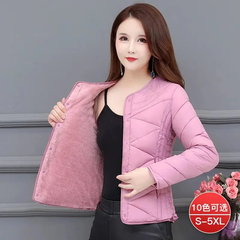 Winter Down Padded Jacket Women's Inner Short Mother's Wear Velvet Thickening Middle-Aged Elderly Mom Wear Pocket Jacket Pink