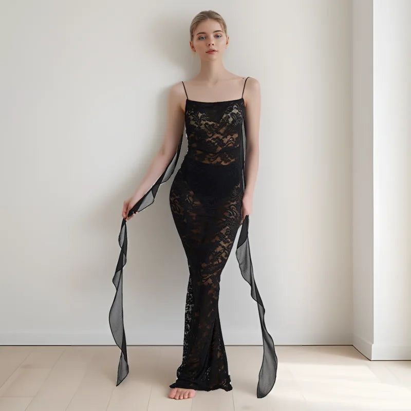 CM.YAYA Women lace Sleeveless Strap Floral Backless Sleeveless Sexy Party Bodycon Midi Maxi Long Dress 2025 Dresses Vestidos