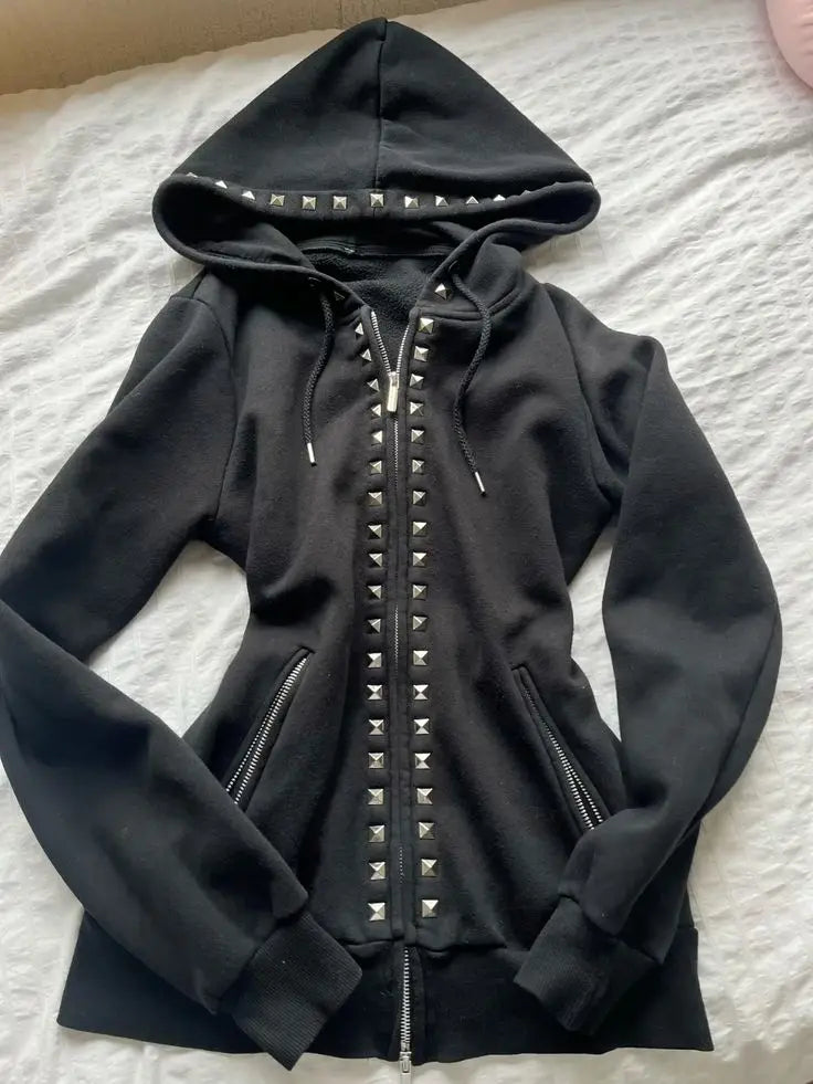 Retro Dark Style Zipper Hoodie Y2K Clothes Mens Womens Hip Hop Skull Patch Embroidery White Oversized Sweatshirt Casual Jacket