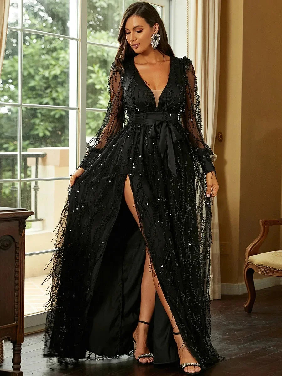 2024 Women's Autumn New Black Silk Mesh Sequins Long Evening Dress Brightly Stated Gown For Special Occasions Formal Affairs