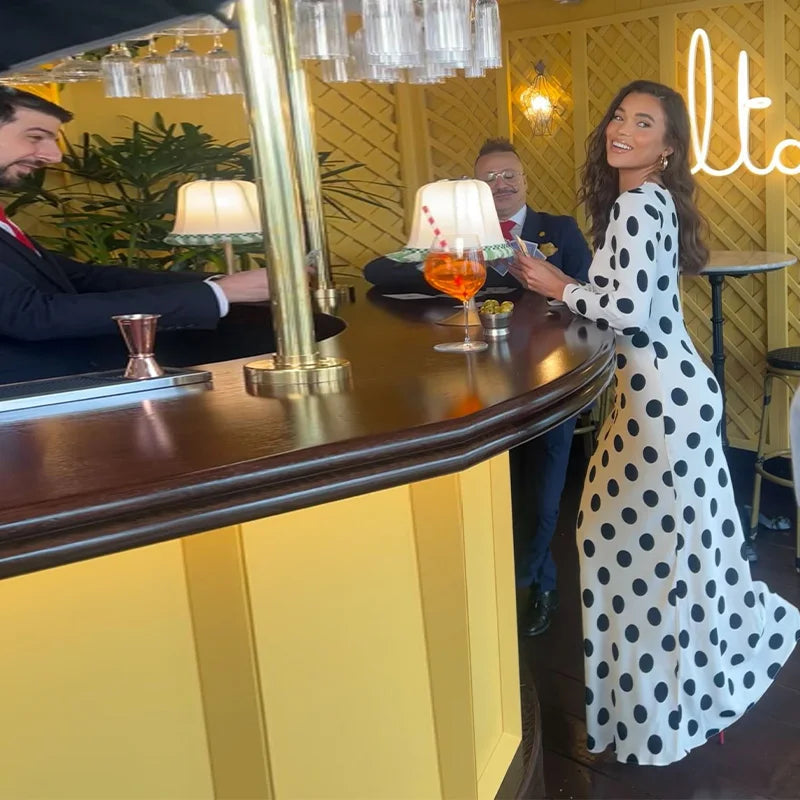 Black Dots Dress Long Sleeve  Art Modern Maxi Dress Long Sleeve High Neck Street Wear Print Bohemia Long Robe Gift 2025