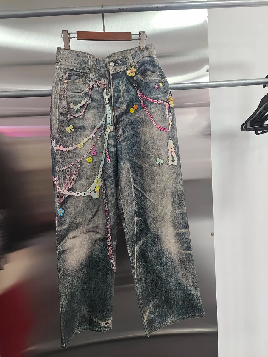 VGH Spliced Colorful Beading Chain Jeans for Women High Waist Patchwork Distressed American Retro Spring Trousers Female Style