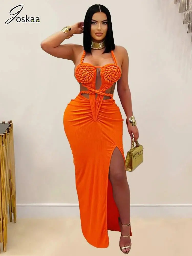 Joskaa Women's 2025 Summer Knit Halter Dress Sexy Hollow Backless Slit Bodycon Maxi Dresses Holiday Party Club Beachwear S-XXL