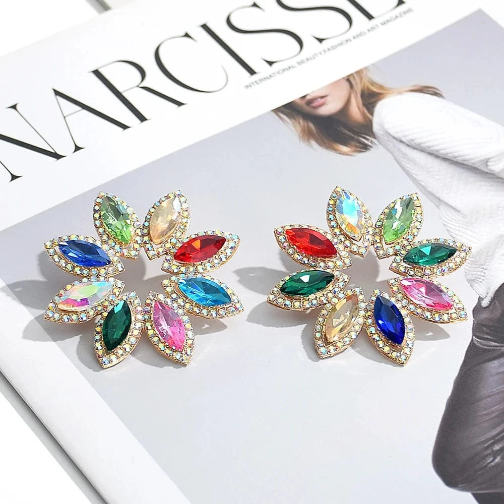 New Style Classical Flower Colorful Glass Stone Drop Earrings For Women Girls Crystal Accessories Statement Jewelry Wholesale