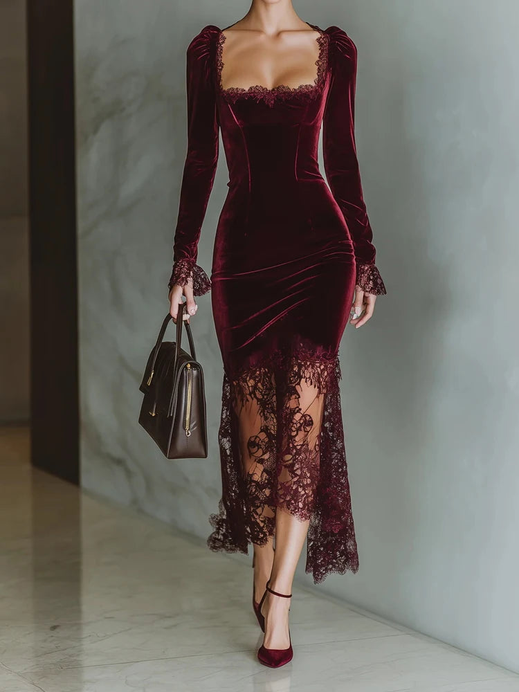 Elegant Velvet Lace Patchwork Maxi Dress for Women