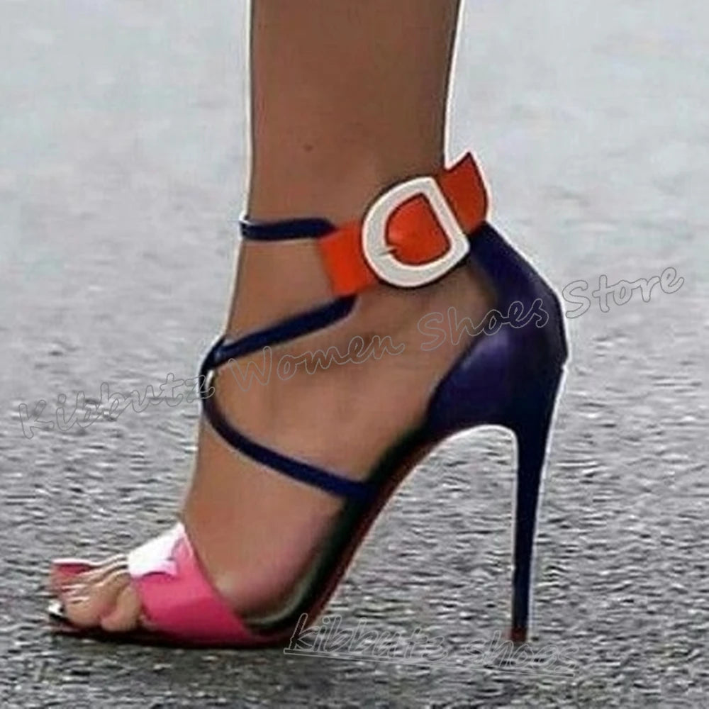 Cross Strap Sandals Ankle Buckle Strap Mixed Color Leather Fashion Luxury Elegant Comfortable Sexy Novelty Women Party Shoes New