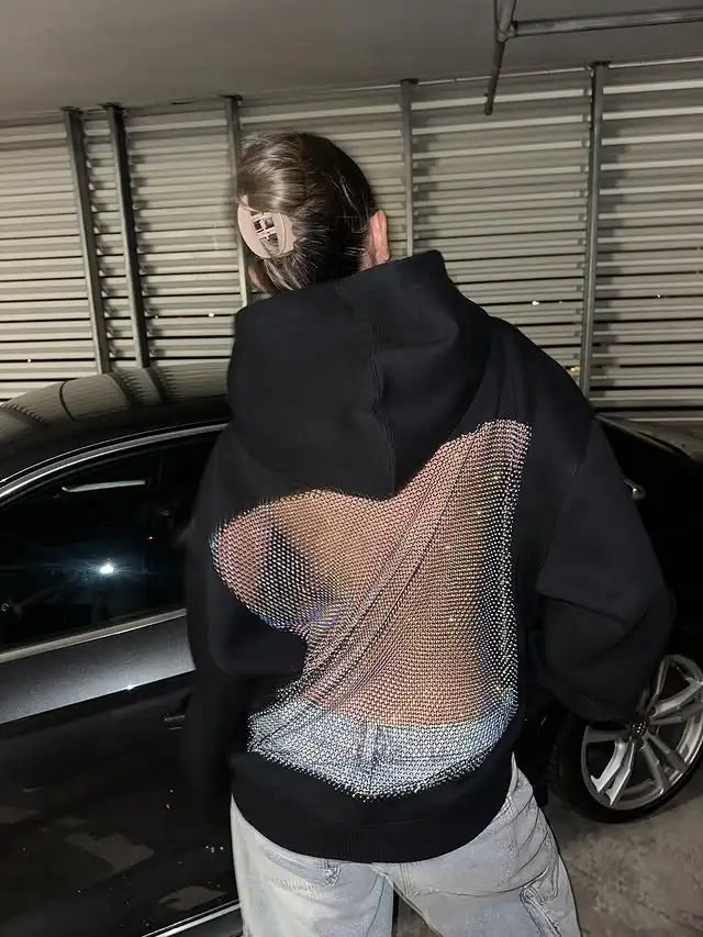 American Gothic Sexy Hollow Mesh Hoodie Y2K Clothes Womens Fashion Translucent Pullover Sweatshirt Casual Long Sleeves Jacket