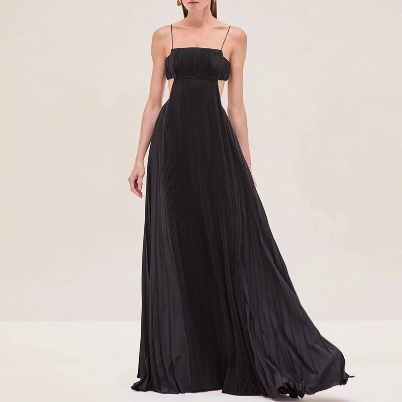 Sexy Lady Backless Solid Swing Dress Elegant Sleeveless Hollow Long Dress Fashion Off Shoulder High Waist Pleated Evening Dress