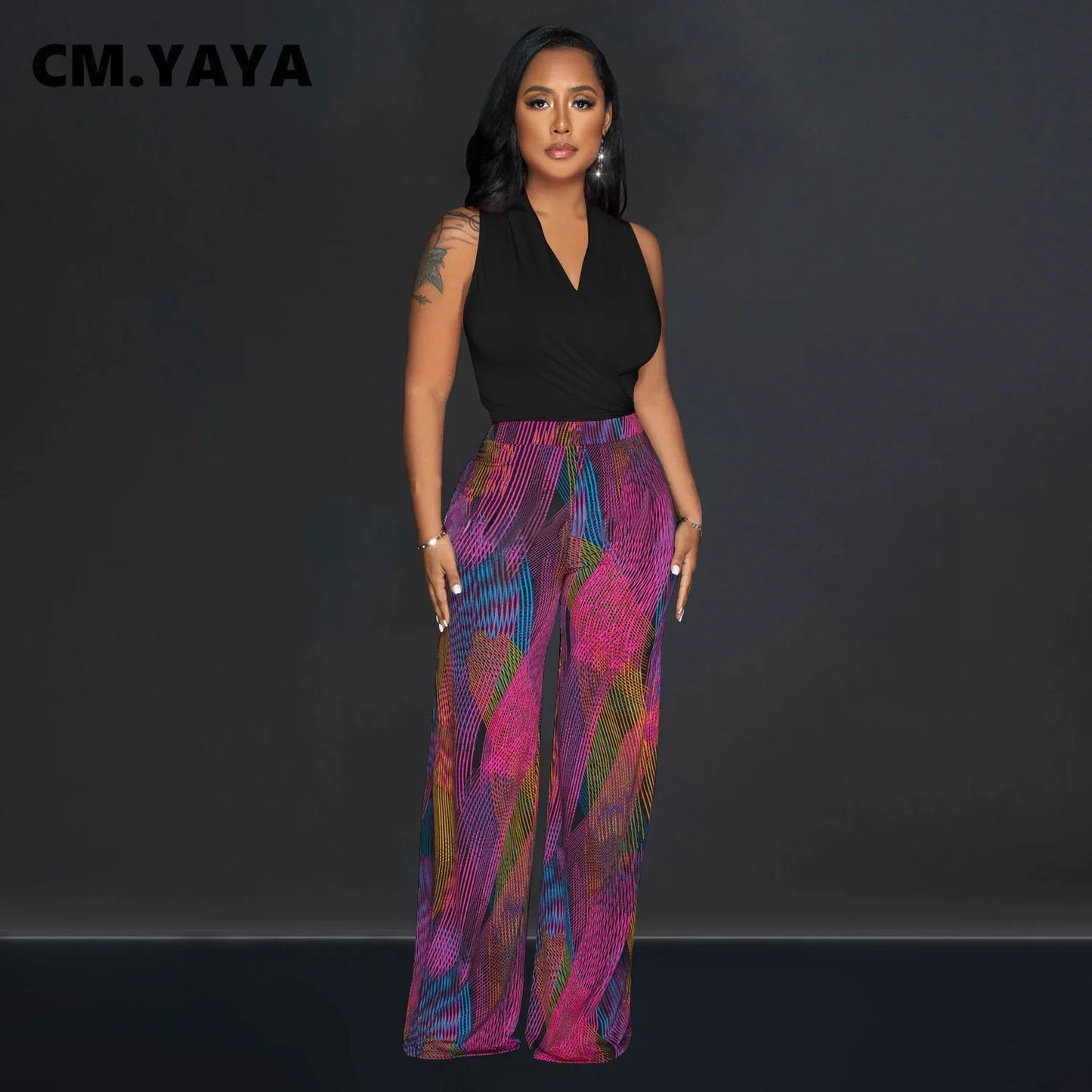 CM.YAYA Women's Set Wrap V-neck Tie Up Tank Top and Galaxy Striped Wide Leg Pants 2023 Street Two 2 Piece Sets Outfits Tracksuit