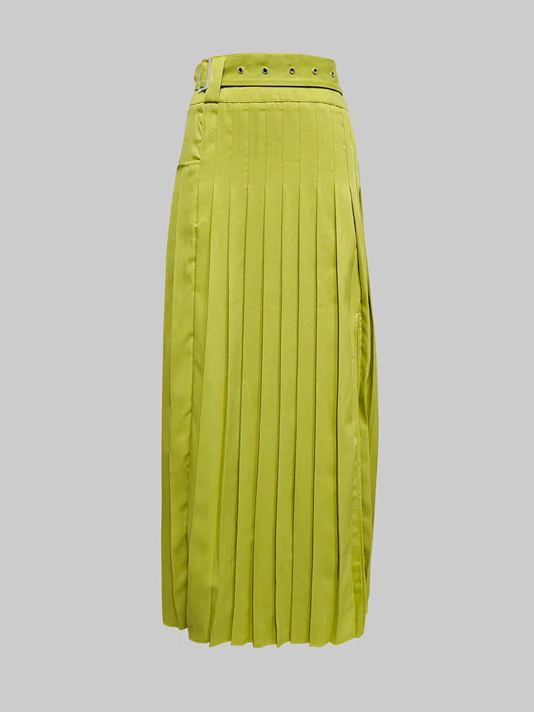 Beautyblue Elegant Retro Green Pleated Skirt Women's Long Skirts Fashion Loose High Waisted Split-Side with Belt Elegant Bottoms