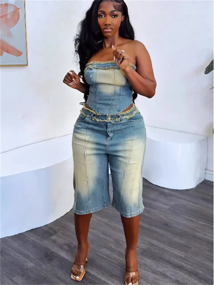 Weird Puss Cowboy 2 Piece Set Women Vintage Hipster Wrap Zip Backless Tube Tops+Button Straight Shorts Sexy Summer Matching Suit