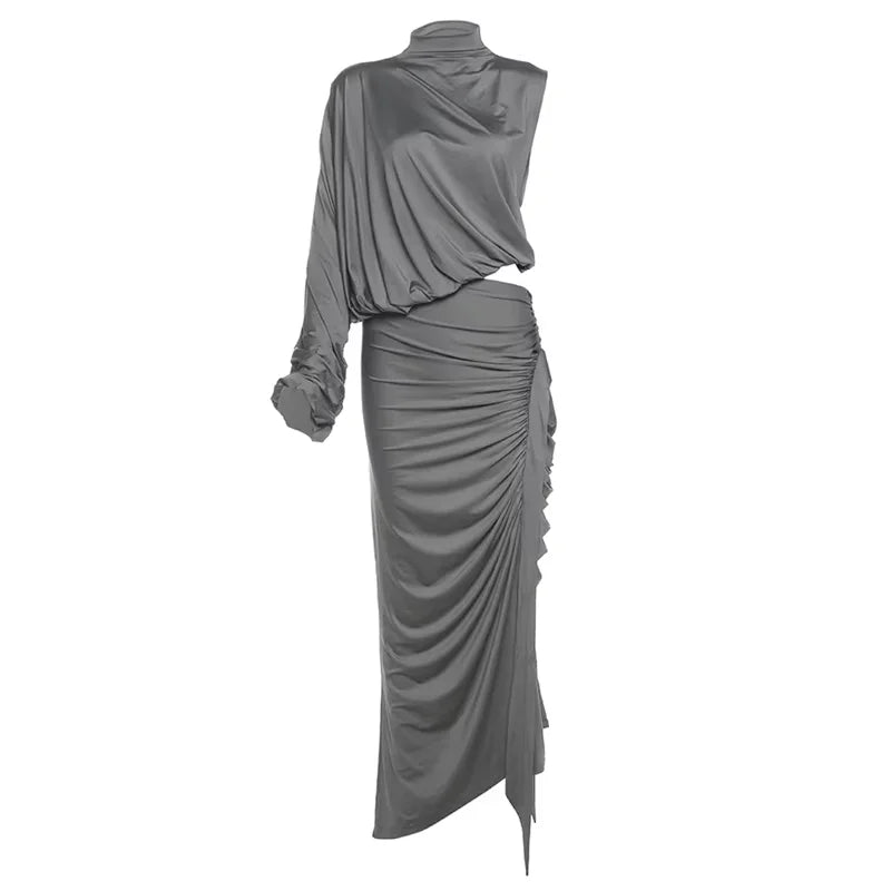 kliou Unique Irregular Women 2 Piece Set Solid Swinging Pleated Single Full Sleeve Turtleneck Tops+Matching Split Maxi Skirts