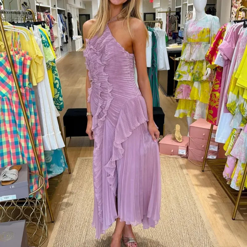 Chic Pleated Halter Neck Long Vacation Dress High Quality Purple Strapless Lotus Edge Maxi Dress 2025 New Lady Vacation Gown
